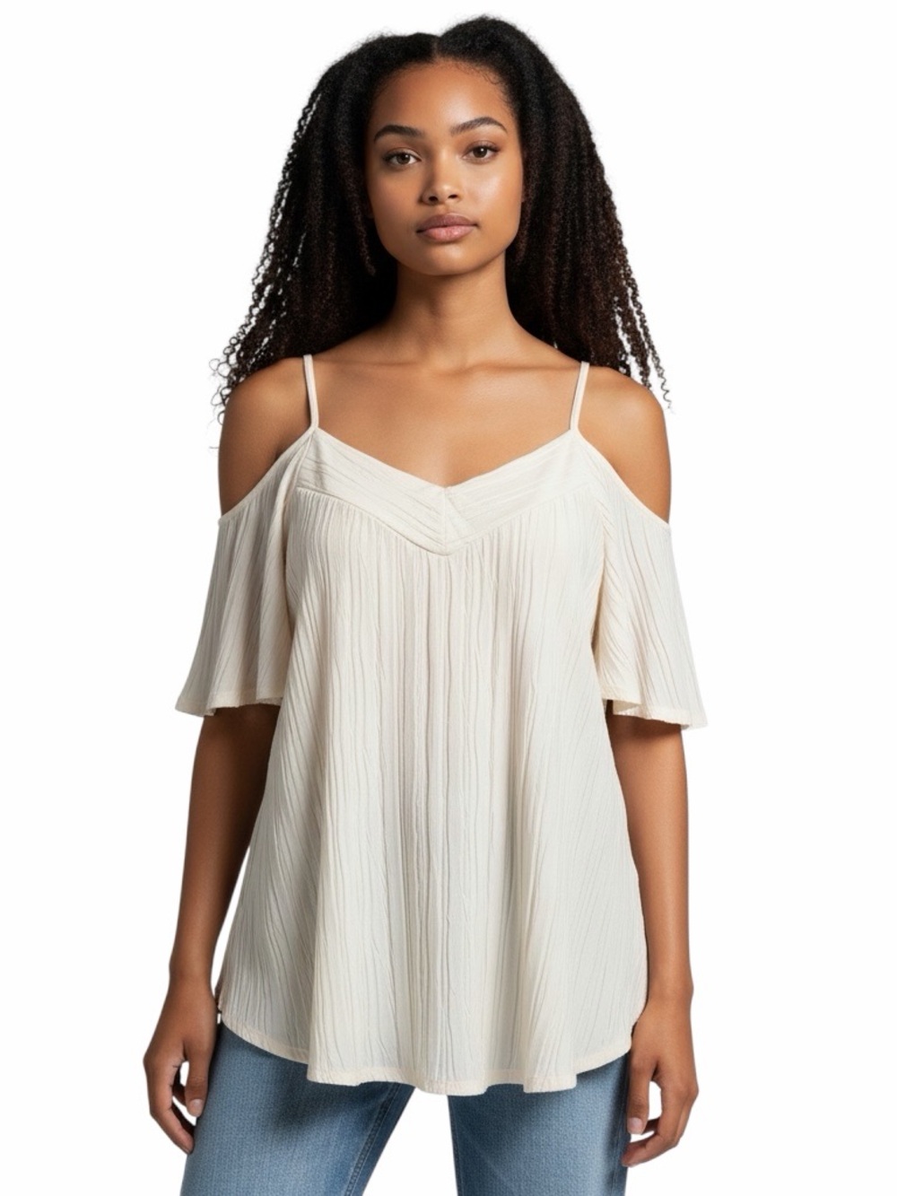 Kaileigh Cold Shoulder Blouse M Cream Flowy Boho Top